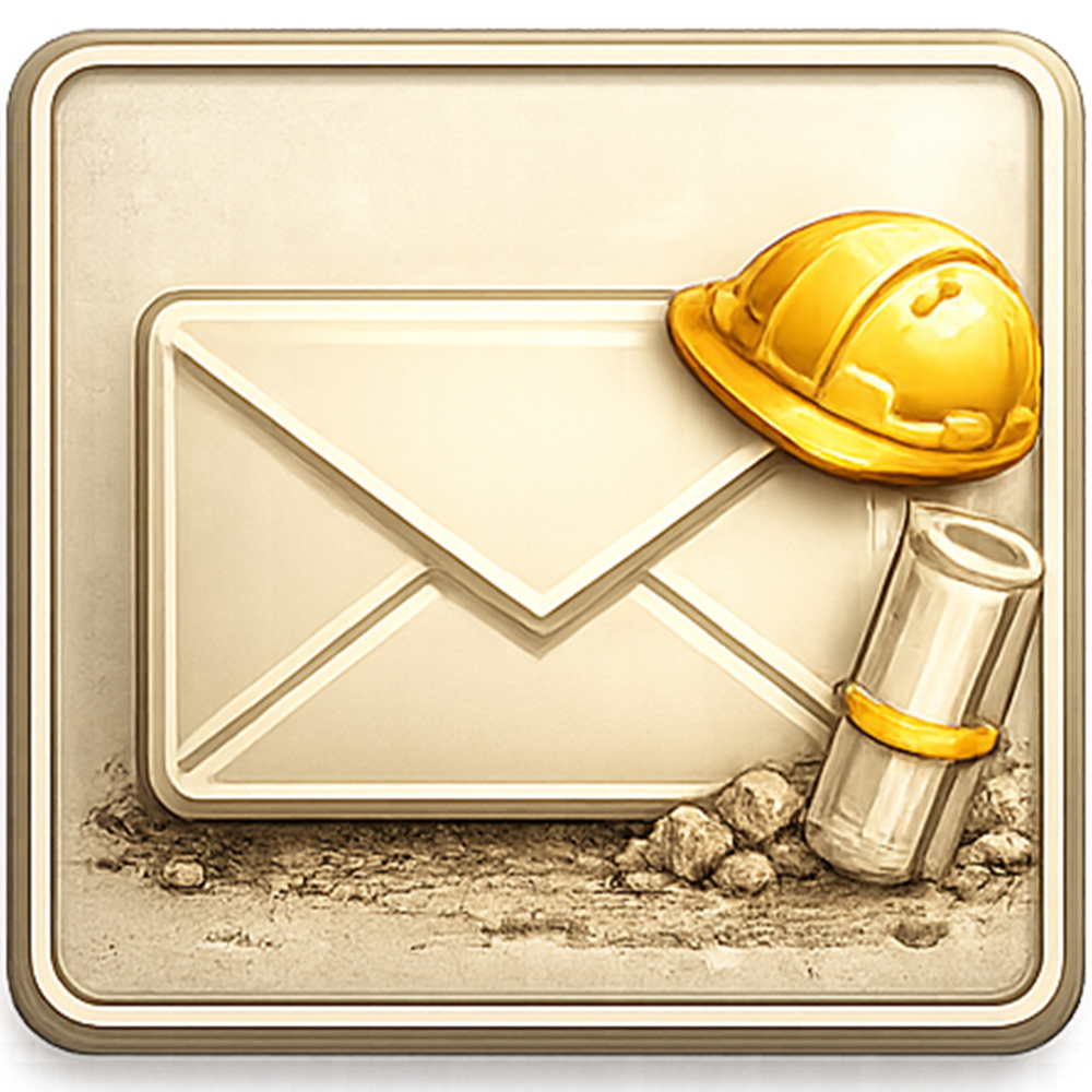Envelope and construction elements: hard hat, scroll, and rubble on a sandy background.