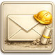 Envelope and construction elements: hard hat, scroll, and rubble on a sandy background.