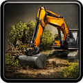 Yellow excavator clearing a wooded area.