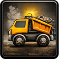 Yellow cartoon dump truck carrying rocks, glowing light on top, against a hazy, earthy background.