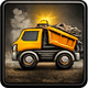 Yellow cartoon dump truck with rocks on the bed, lit by sunlight.