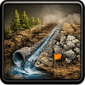 Water flowing from a pipe onto rocks and the ground; trees in the background. An orange flag is present.