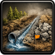 A concrete pipe spilling water onto a rocky slope. Green trees and an orange flag nearby.