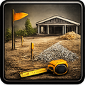 Construction site with a partially built house, measuring tape, gravel pile, and orange flag.