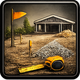 Construction site with building, flag, gravel pile, and measuring tape.