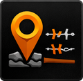 Orange location marker and broken fences icon on black background.
