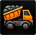Orange dump truck tilting to unload rocks.
