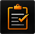 Orange clipboard with checkmark on black background.