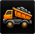 Orange dump truck carrying rocks, on a black background.