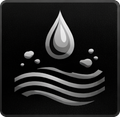 Silver water drop and splashes above wavy lines on black background.