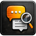 Orange speech bubble with three dots, magnifying glass, and white text bubble icon on a dark background.