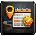Orange location pin and checkmark overlay a calendar icon, set against a dark, textured background.