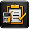 Orange calculator and clipboard with checkmark, on black background.