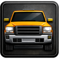 Yellow pickup truck icon on textured black square.