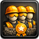 Three construction workers with yellow helmets and a gold medal in a dark setting.
