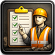 Construction worker pointing at checklist with green check marks.