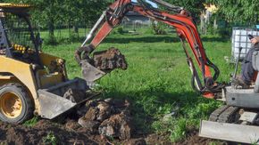 Mini excavator transferring dirt clods to a yellow skid steer bucket in a grassy outdoor setting.