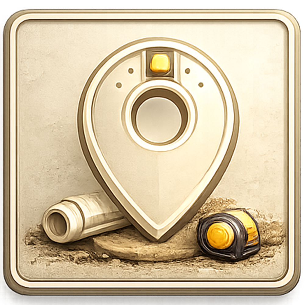 A location pin icon with a scroll and a measuring tape on a textured surface, beige and gold tones.