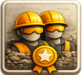 Two workers in hard hats emerge from dirt, with a gold star badge.