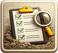 Checklist with green checkmarks, magnifying glass, and dirt, likely for inspection.
