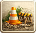 Orange and white traffic cone with yellow and black barricade on dirt with grass.