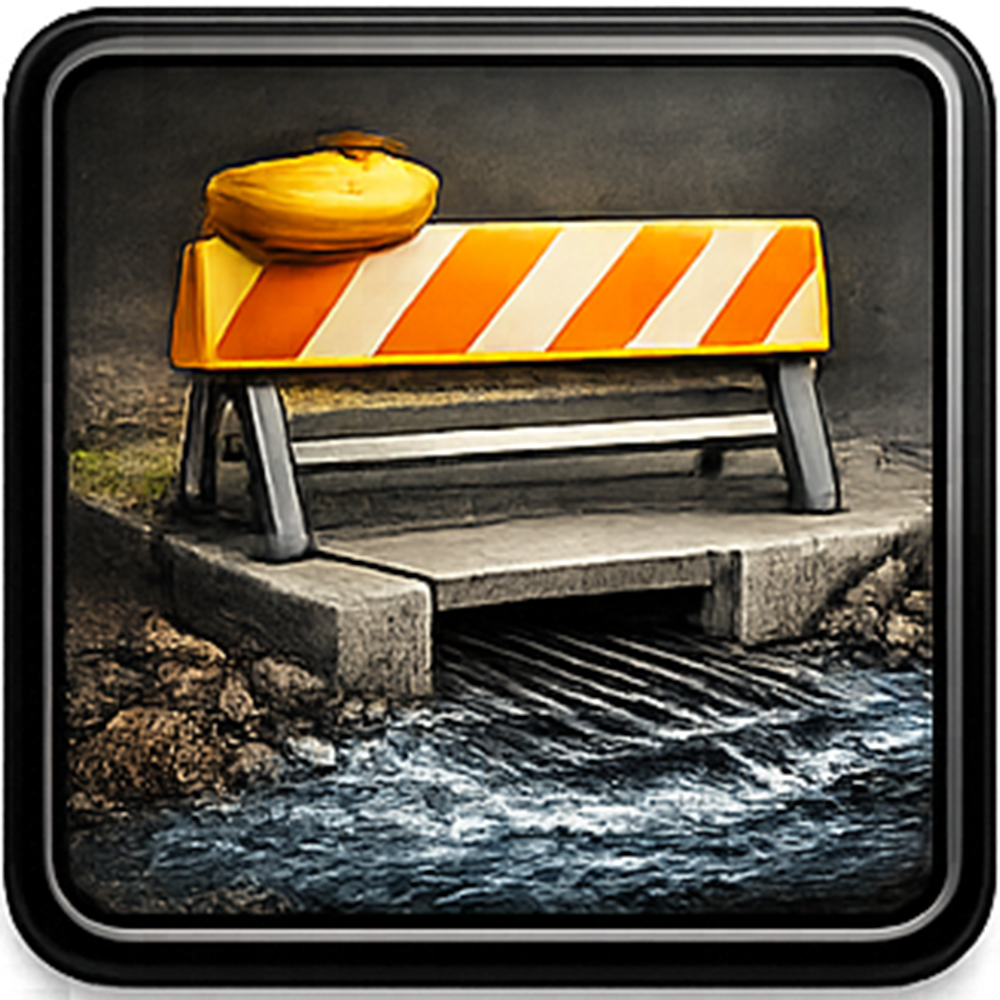 Road construction barrier near a storm drain. Water flows beneath.