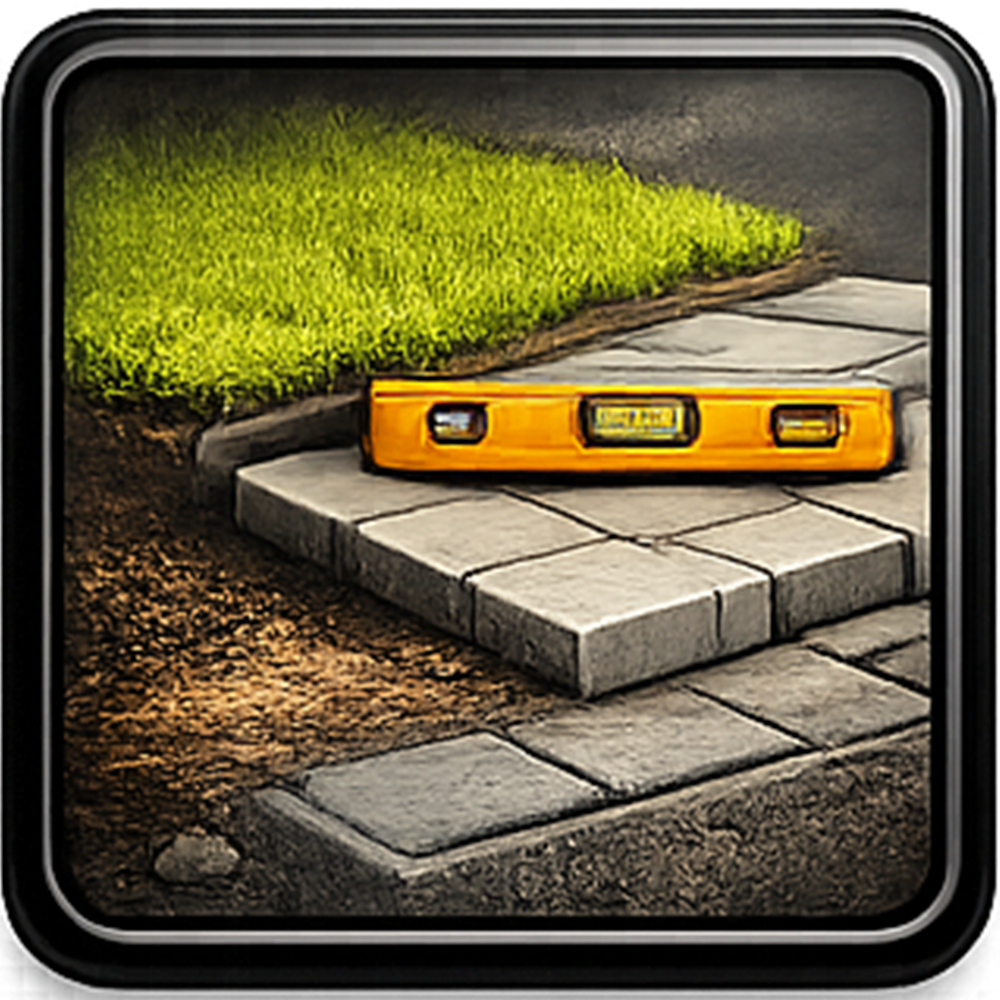 Level on paving stones next to grass and dirt.