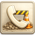 Telephone under construction; a handset sits on rubble, with a barrier and traffic cone.