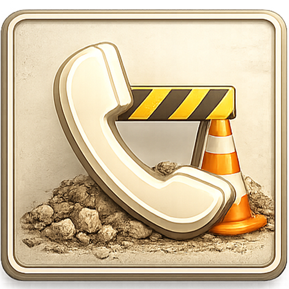 Telephone handset blocked by a construction barrier and cone, suggesting service interruption.