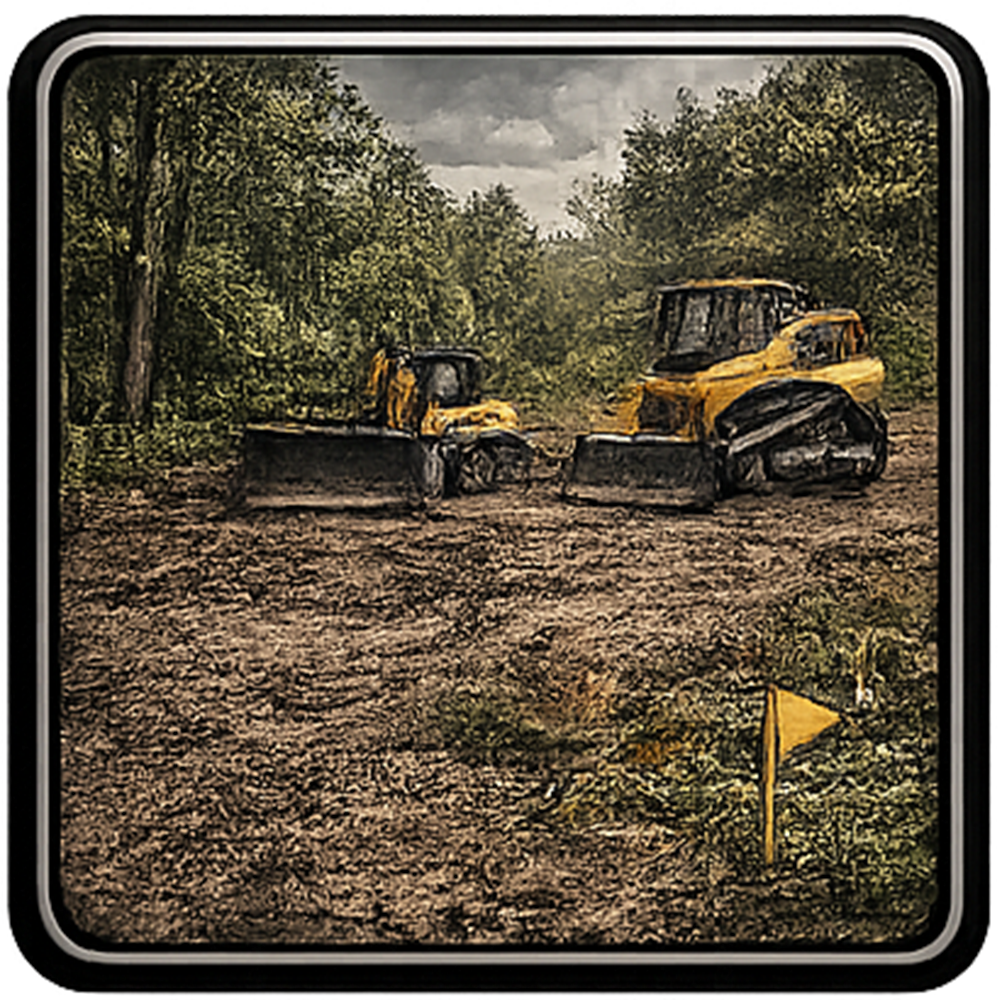 Two yellow bulldozers clearing a muddy area in a wooded setting. A yellow flag marks a spot.