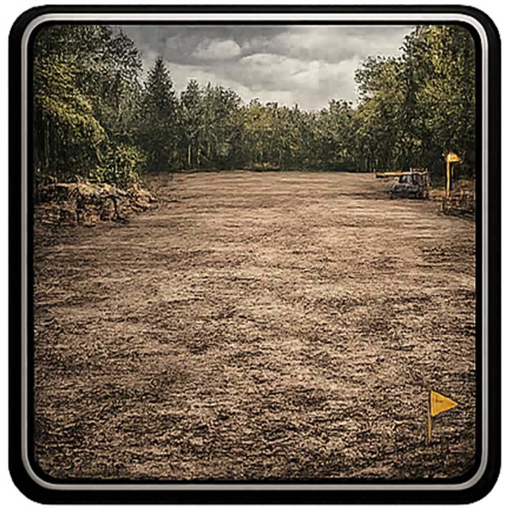 A golf course with a dirt field, surrounded by trees. Cloudy sky. Two yellow flags mark the course.