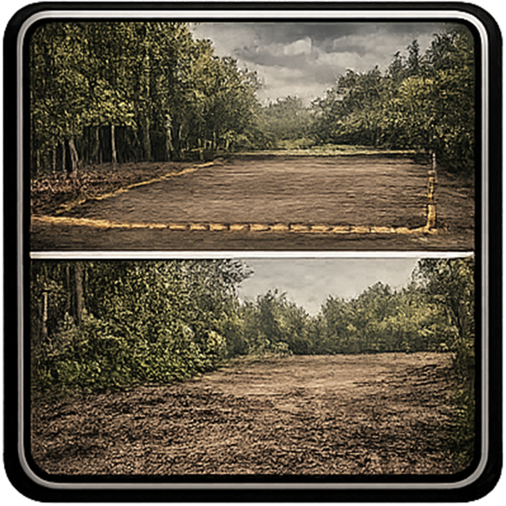 Two views of dirt paths in a forest. Top path has yellow border, and the bottom one is empty.