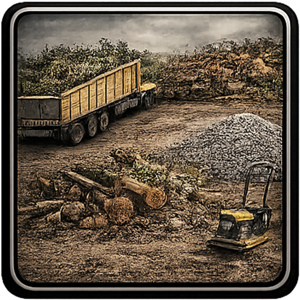 Construction site with truck, gravel pile, logs, and a compactor.