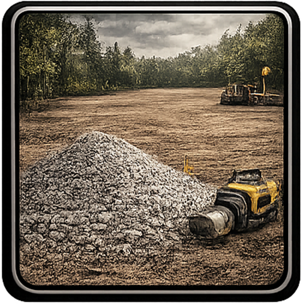 Construction site with a pile of gravel, a yellow compactor, and a bulldozer in the background.