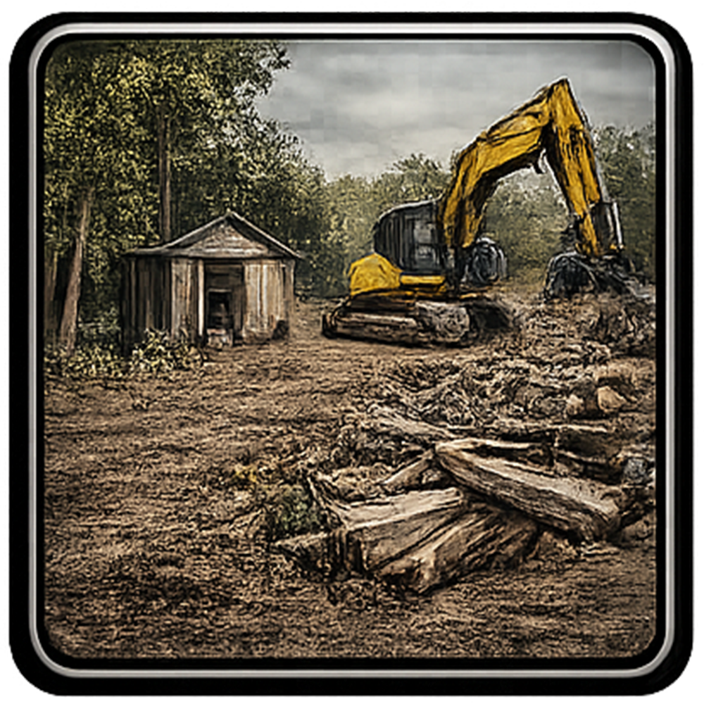 Yellow excavator clearing debris near a small shed in a wooded area.
