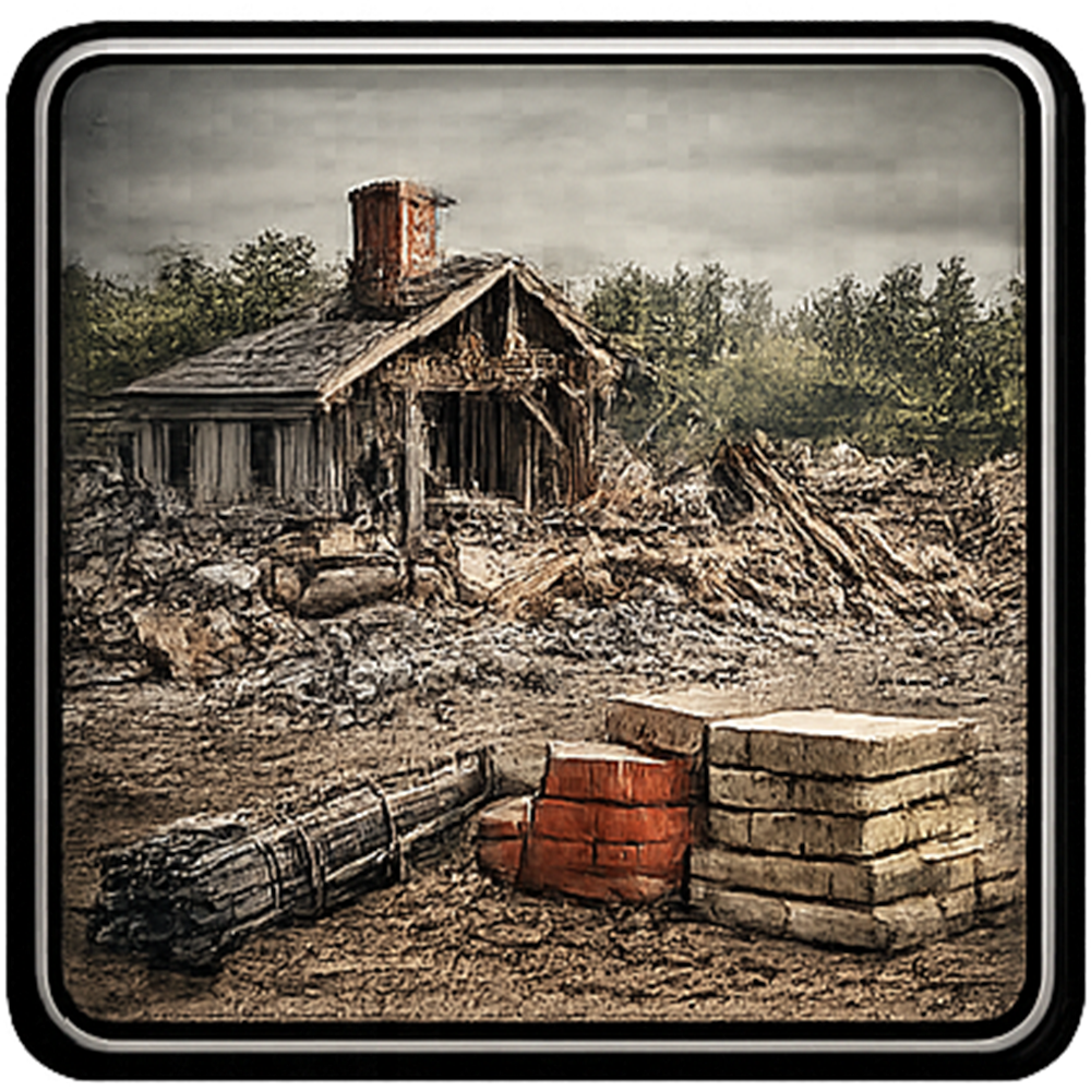 Dilapidated wooden structure in rubble, with stacked bricks and a bundled log. Overcast sky.