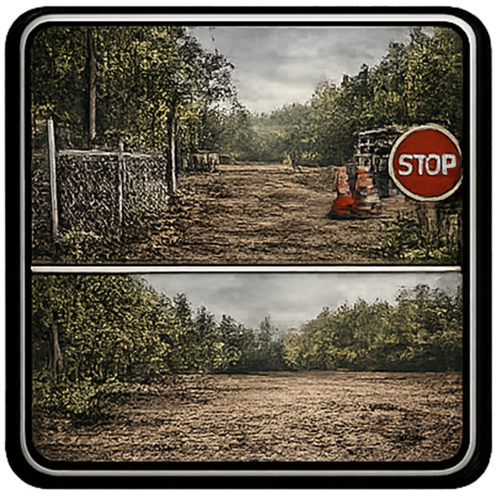 Dirt road scene with stop sign and orange cones, flanked by trees and a wire fence.