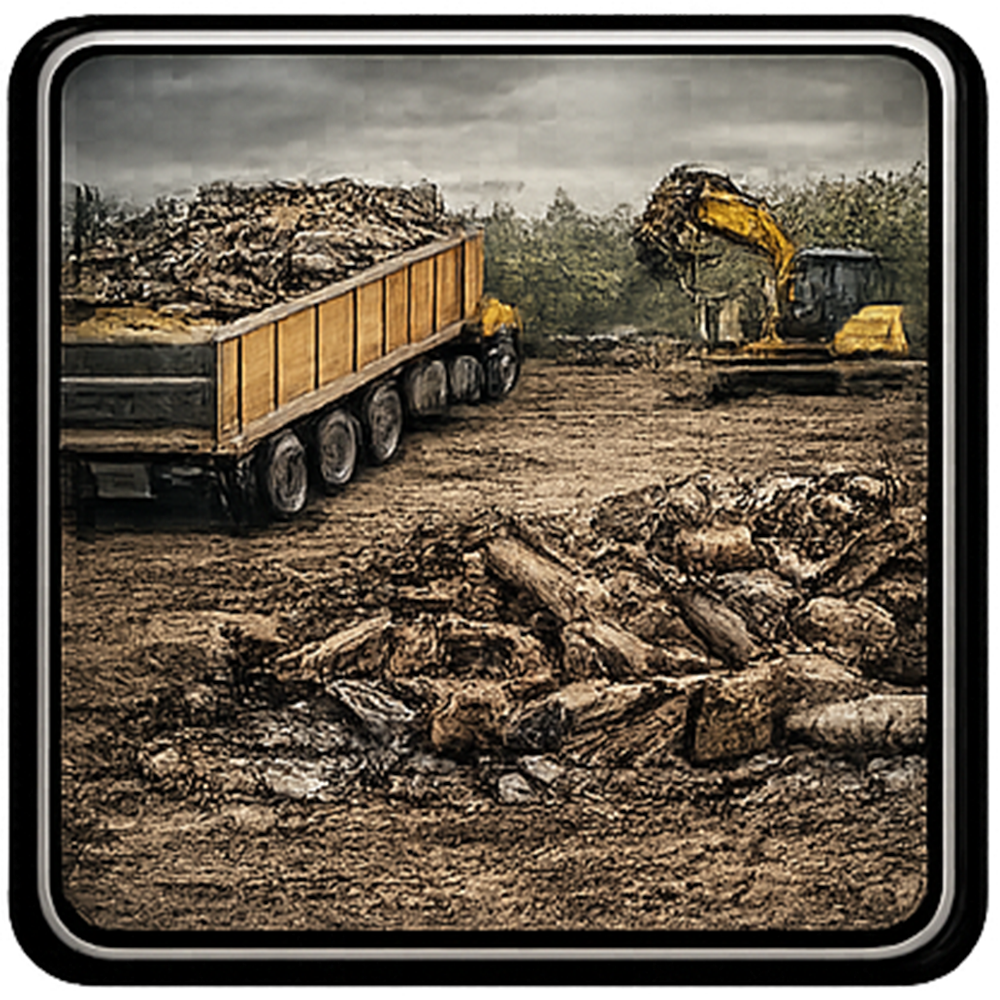 Construction site with an excavator loading rocks into a truck.