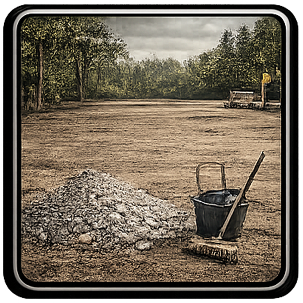 Dirt lot with pile of rocks, bucket, broom, and trees in background.
