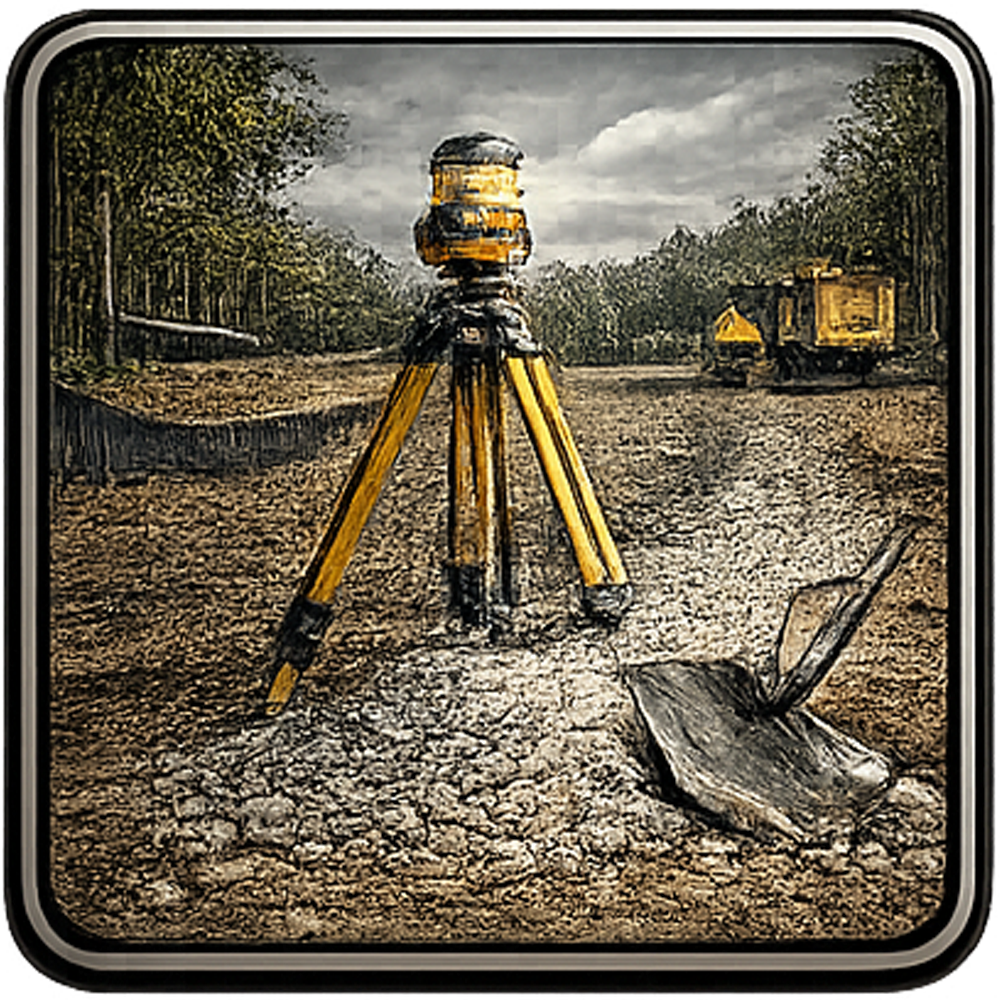Surveying equipment and shovel on a construction site with machinery, trees, and sky.