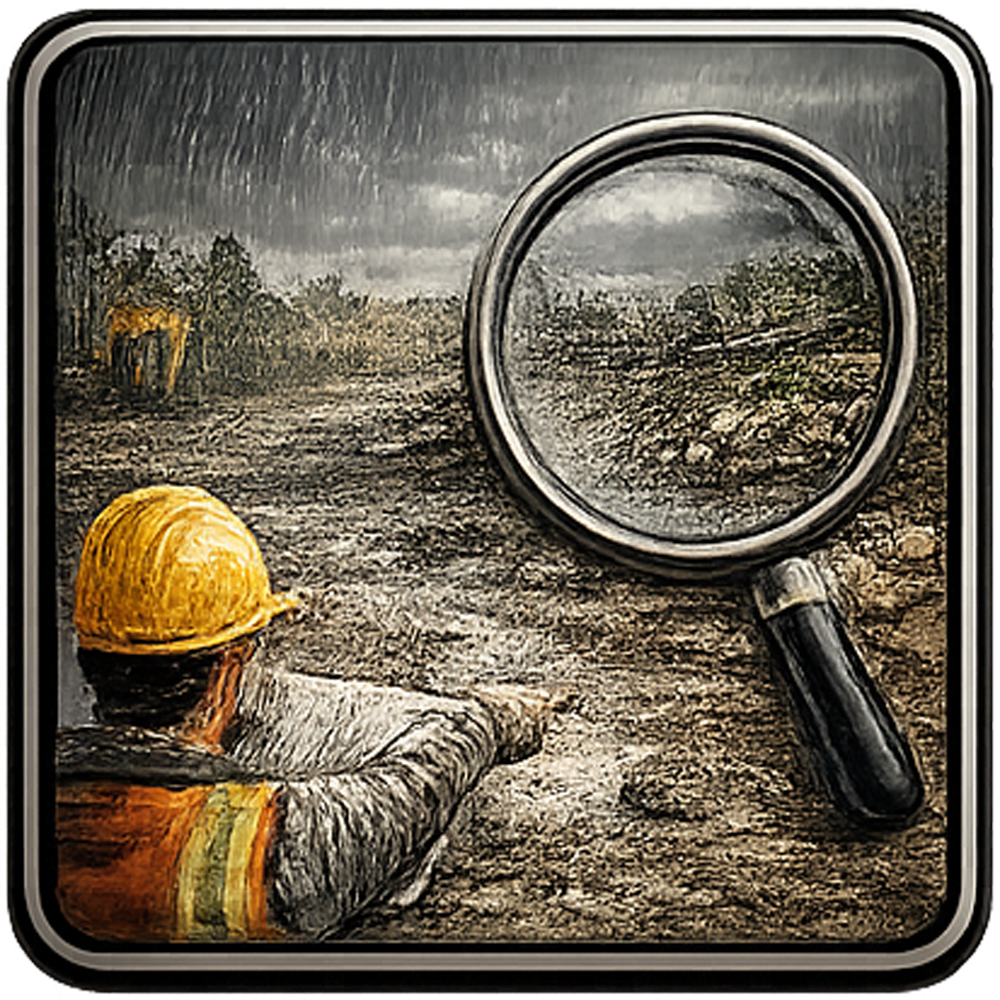 Construction worker looking through magnifying glass at construction site in rain.