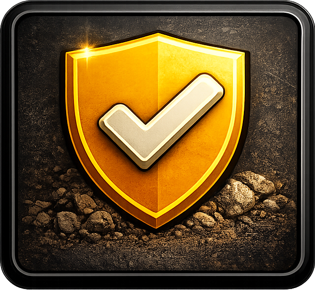 Gold shield with checkmark, on a dark, textured background.