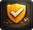 Gold shield with white checkmark, set against a dark, rocky background.