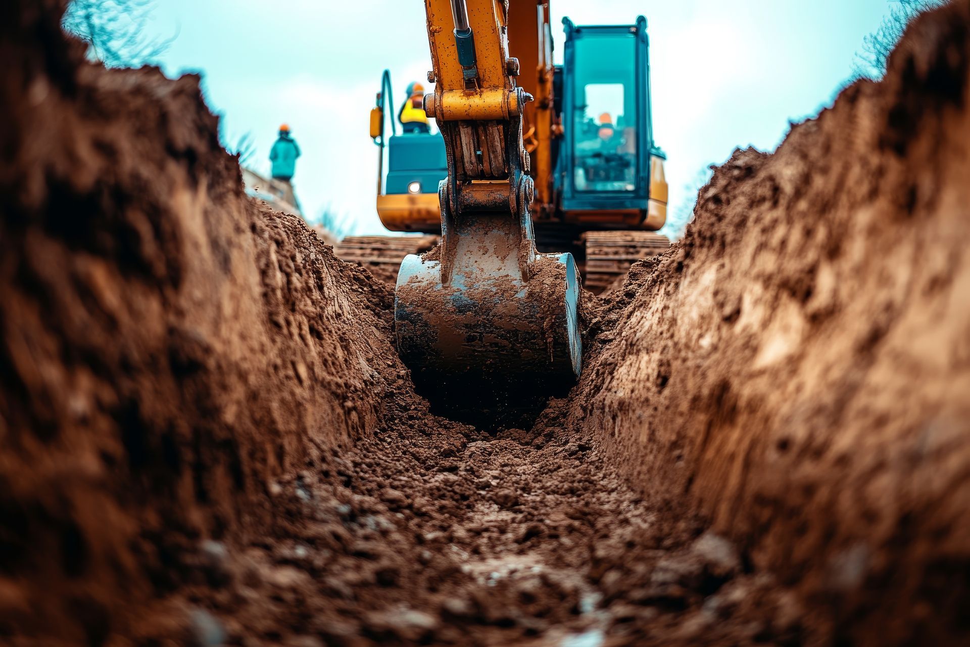 Excavator digging a trench in brown soil, with a person in the background.