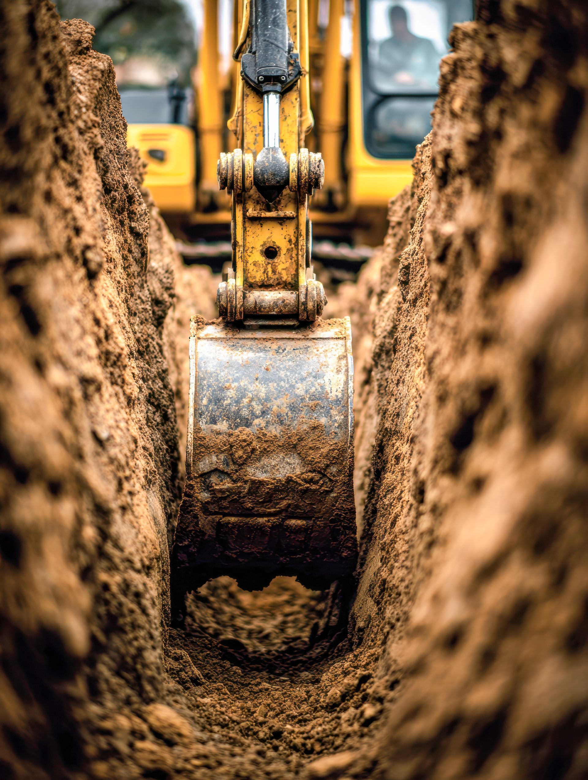 Yellow excavator bucket digging a trench in brown earth.