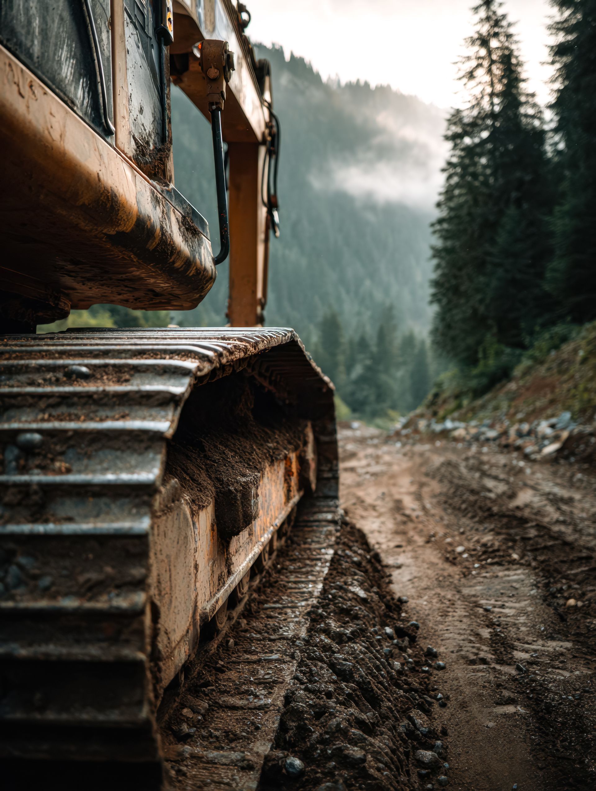 Yellow excavator on a muddy road in a mountain forest.