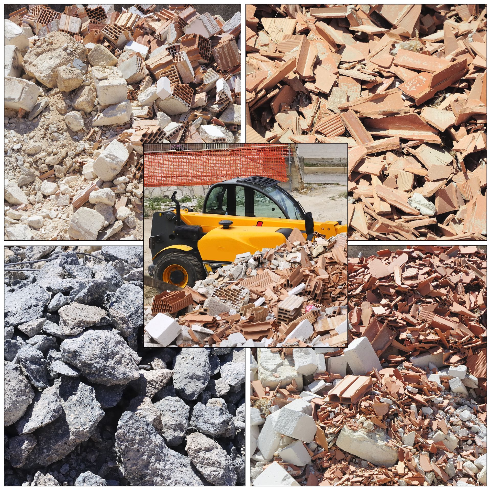 A yellow construction vehicle surrounded by piles of broken bricks and rubble in an outdoor setting.