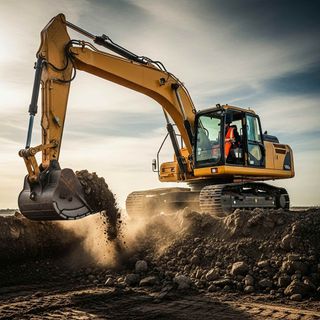 Yellow excavator digging into dirt.