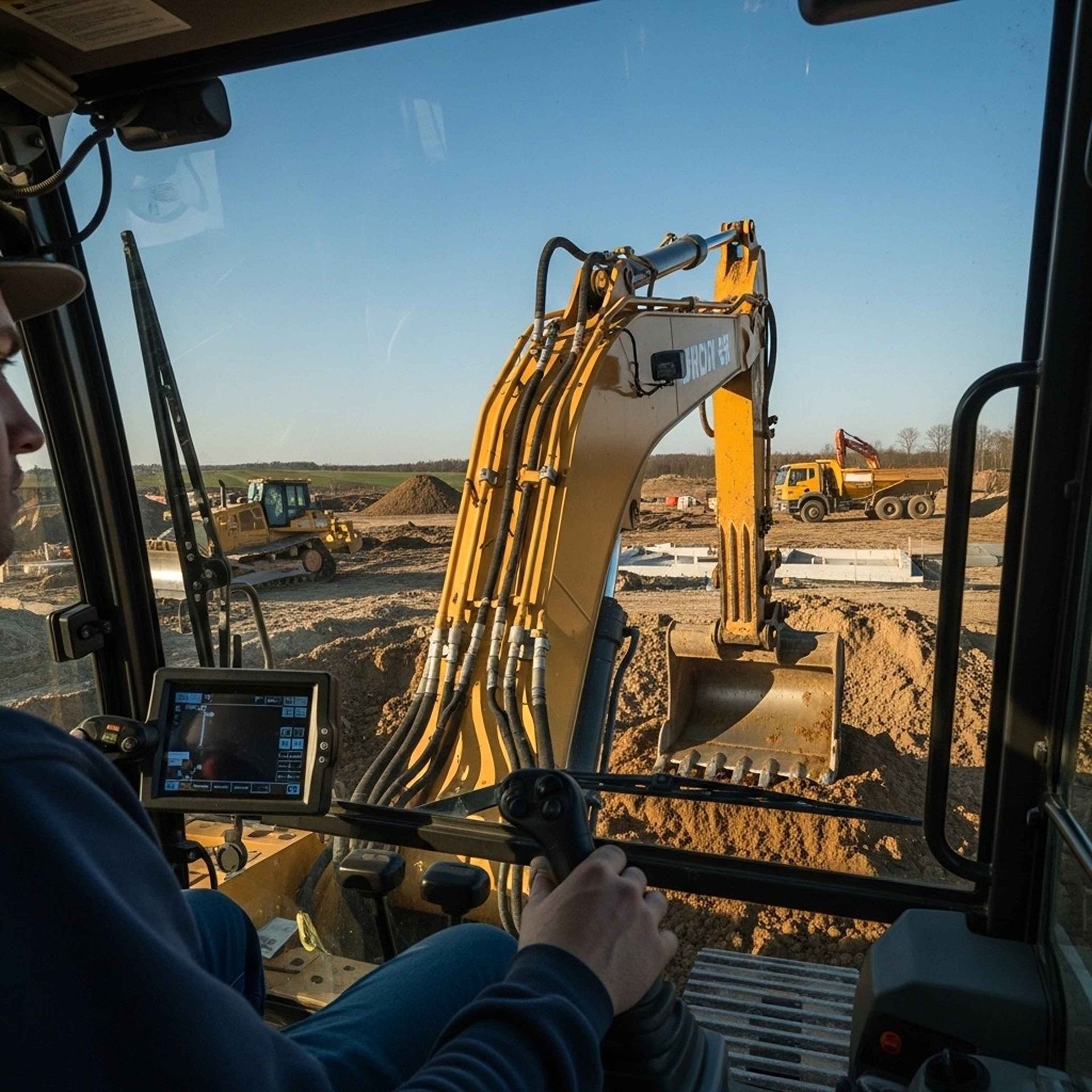 Person operating excavator in construction site with other machinery.