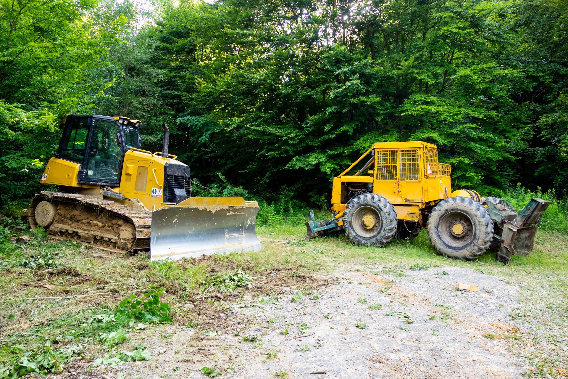 Two yellow construction vehicles, a bulldozer and a front loader, sit in a clearing with a wooded background.